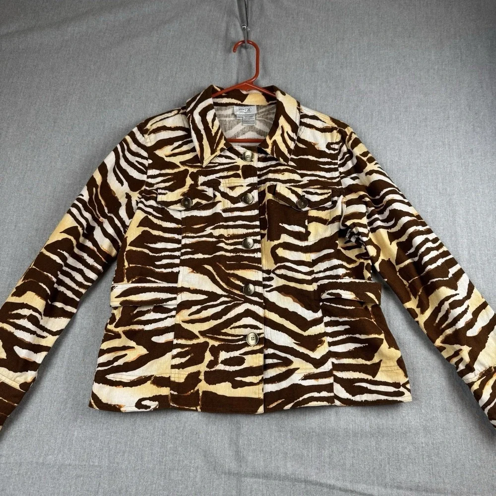 Just B Women's Linen Cotton‎ Denim Jacket Size Large Animal Print Blazer Jacket